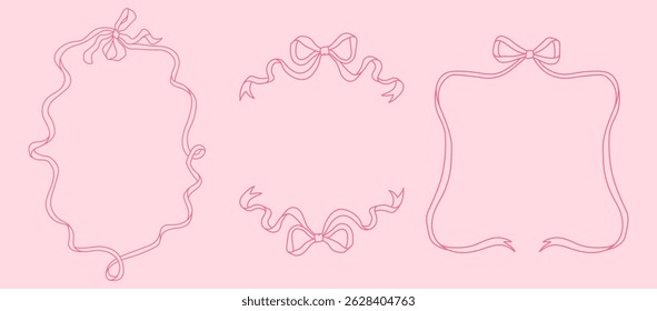 Set of 3 Hand-drawn vector ribbon frame with pink bow for valentines, posters, and wedding invitations. Cute decorative border