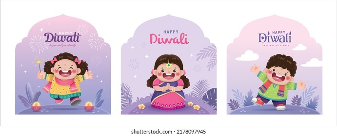 Set of 3 happy Diwali design with cute Indian boys and girls celebrating Diwali festival.