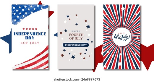 Set von 3 Happy Independence Day 4. Juli, United States of America Day. Social Media Story Layout Design Vorlage für Unabhängigkeitstag. Story-Vorlagen für Social Media. 