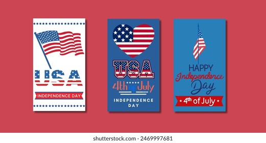 set of 3 Happy independence day 4 th july, United states of america day. Social media Story Layout design template for independence day. Story Templates for social media. 