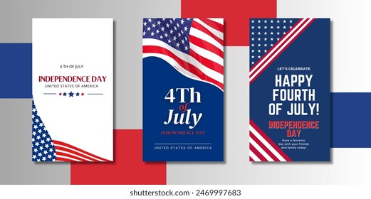 set of 3 Happy independence day 4 th july, United states of america day. Social media Story Layout design template for independence day. Story Templates for social media. 