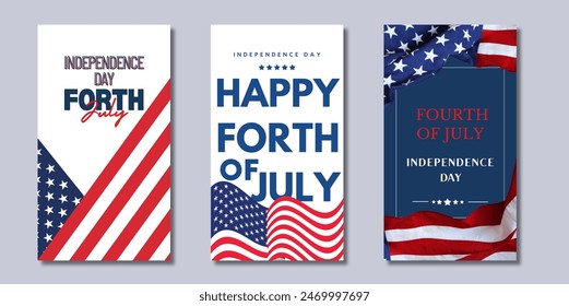 set of 3 Happy independence day 4 th july, United states of america day. Social media Story Layout design template for independence day. Story Templates for social media. 