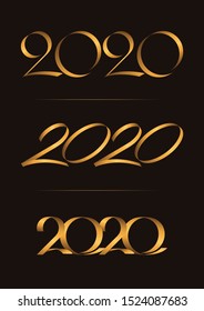 Set of 3, Happy New Year, Christmas 2020 Handwriting celebrating, Luxury duo tone gold brown for invitation card, backdrop, label or stationary