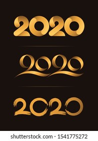 Set of 3, Happy New Year, Christmas 2020 Handwriting celebrating, Luxury duo tone gold brown for invitation card, backdrop, label or stationary