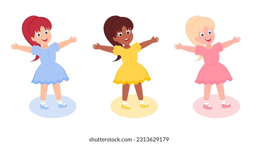 Set of 3 happy smiling girls. Happy kids. Blonde, redhead, brown-haired girl. Girlfriends in yellow, blue, pink dress. Vector isolated on white background