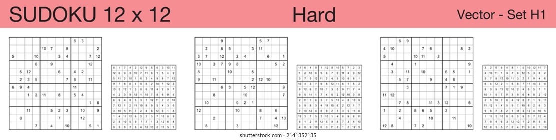 A set of 3 hard scalable sudoku 12x12 puzzles suitable for kids, adults and seniors and ready for web use, or to be compiled into a standard or large print paperback activity book. svg