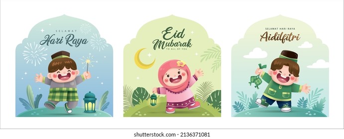 Set of 3 Hari Raya Aidilfitri design with cute Muslim boys and girl celebrating Raya festival. Malay translation: Happy Hari Raya