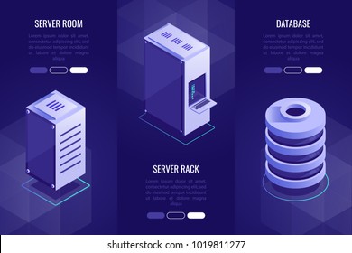 Set of 3 headers with server equipment.Server room,server rack and database. Vector illustration in 3d isometric style