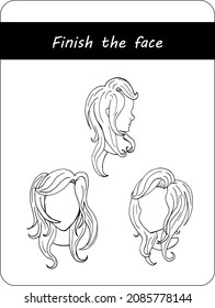 Set of 3 heads. Worksheet. Complete the picture. Finish the girl's face from different angles. Good for class activity for teachers or homeschooling. Learn how to draw. Practice.