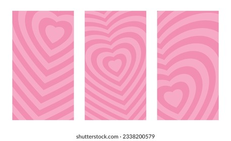 Set of 3 Heart Shaped Concentric Stripes Pink Backgrounds. Romantic and Cute Backdrops for Specials, Social Media and Design, Vertical Composition, Set of Story Template