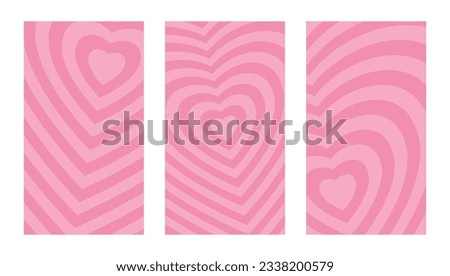 Set of 3 Heart Shaped Concentric Stripes Pink Backgrounds. Romantic and Cute Backdrops for Specials, Social Media and Design, Vertical Composition, Set of Story Template