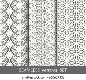 Set of 3 hexagonal line patterns, black and white backgrounds collection.. Interlacing repeating linear texture for wallpaper, packaging, banners, invitations, business cards, fabric print