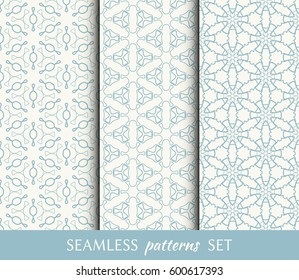 Set of 3 hexagonal line patterns, blue and white seamless backgrounds collection.. Interlacing repeating linear texture for wallpaper, packaging, banners, invitations, business cards, fabric print