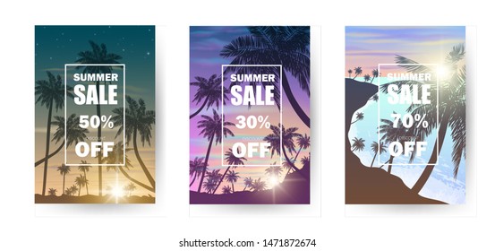 Set of 3 high quality summer ad flyers vector illustration. 30% 50% 70% sale discount template. Can be used on banners, leaflet or web. Sunrise with tropical shiolette, sea and clouds. EPS 10.