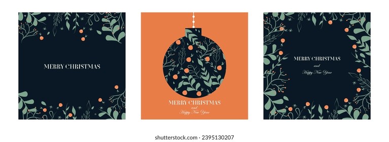 Set of 3 holiday banners and posters. Happy New Year and Merry Christmas. Chinese holiday. Plants and fruits. Background. Decoration and celebration. Vector illustration. Flat. Flowers and berries.