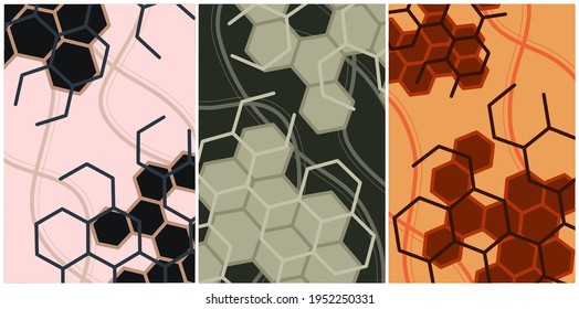 set of 3 honey comb and line pattern vector backgrounds with a natural color palette.