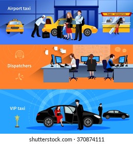 Set of 3 horizontal banners presenting airport taxi dispatchers and vip taxi flat vector illustration