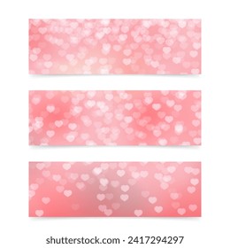Set of 3 horizontal banners for Valentines Day. Soft pink hearts background. Vector template for website, social media, etc