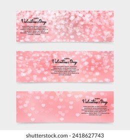 Conjunto de 3 banderas horizontales para el Día de San Valentín. El fondo de los corazones suaves rosados. Plantilla de vectores para medios sociales, sitios web, etc