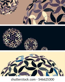 a set of 3 horizontal bookmarks with balls of flower pattern in purple and dark brown shades