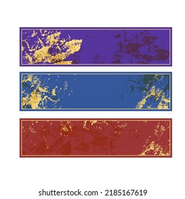 Set of 3 horizontal rectangle banners. Purple, blue, brown background, gold grungy texture and frame. Website header or footer with text space. Thin frame template. Graphic and web design element.