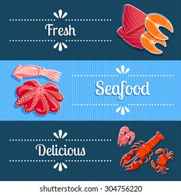 Set of 3 horizontal seafood banners with lobster, shrimps, tuna, salmon and so. Vector illustration, eps10.