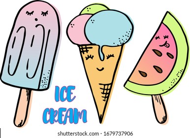 set of 3 ice creams, isolated on white background