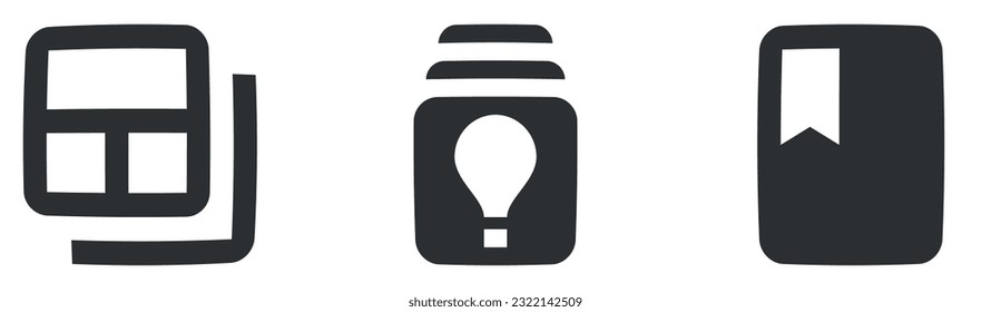 Set von 3 Symbolaktionen. Symbol für kreative Geschäftslösungen Umrissschilder einzeln. für mobile und Web. Das große UI-Icon wird in einem flachen Design gesetzt. UX-Benutzeroberfläche