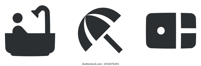 Conjunto de 3 iconos Lugares. Un conjunto de iconos vectoriales. Icono de Establecer calidad. Conjunto de símbolos lineales. Paquete de iconos finos rellenos. UI de usuario
