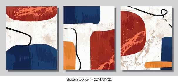 Set 3 illustration vector EPS print hand draw painted abstract shapes geometry contemporary aesthetic mid century modern art Scandinavian nordic design style
