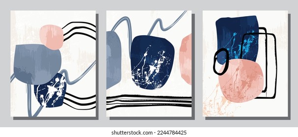 Set 3 illustration vector EPS print hand draw painted abstract shapes geometry contemporary aesthetic mid century modern art Scandinavian nordic design style
