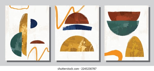 Set 3 illustration vector EPS print hand draw painted abstract shapes geometry contemporary aesthetic mid century modern art Scandinavian nordic design style
