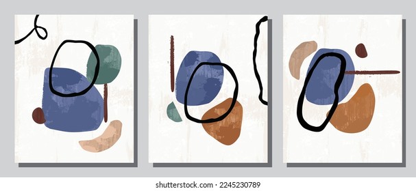 Set 3 illustration vector EPS print hand draw painted abstract shapes geometry contemporary aesthetic mid century modern art Scandinavian nordic design style
