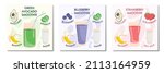 Set of 3 illustrations of healthy vegan strawberry, blueberry and avocado smoothie recipes with ingredients on light background. Can be used as menu element for cafe or restaurant.