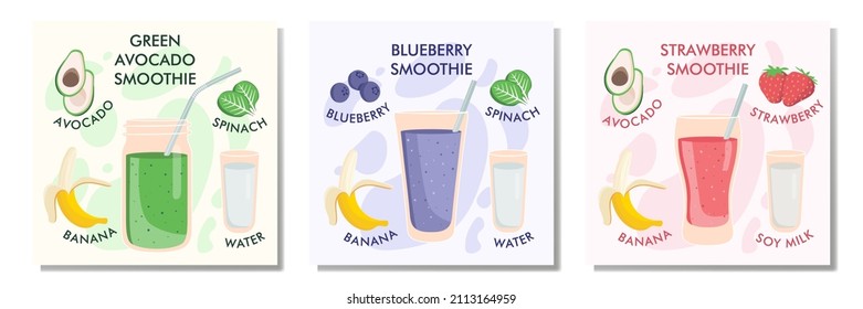 Set of 3 illustrations of healthy vegan strawberry, blueberry and avocado smoothie recipes with ingredients on light background. Can be used as menu element for cafe or restaurant.