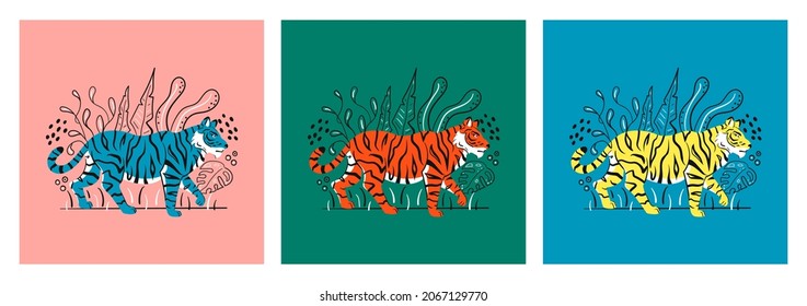 A set of 3 illustrations of a tiger in tropical foliage. Abstract design. The tiger is blue, orange and yellow. Flat style, outline, hand-drawn doodles. Vector illustration.