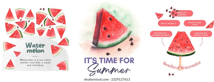 Set of 3 illustrations with watermelon. Low calorie summer food, sweet, refreshing. The benefits of watermelon