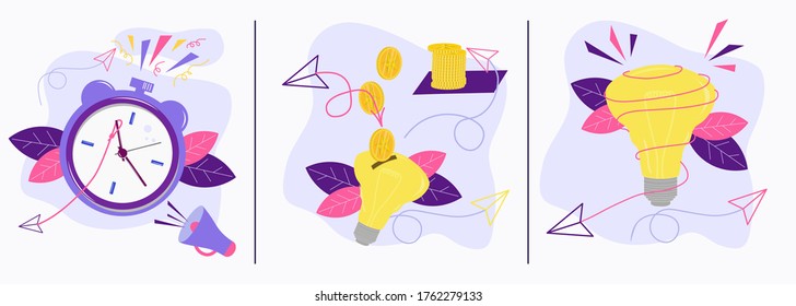 A set of 3 images of a clock, a light bulb with a plane, the concept of saving working time, saving energy, business and economy, on a white background