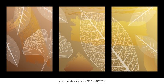 Set of 3 images (triptych) forming a single artistic painting composed of various transparent tree leaves with white lines on an abstract copper and gold background. 