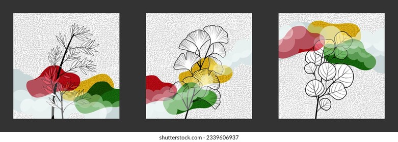 Set of 3 images (triptych) forming a single artistic table made up of 3 plants: bamboo, ginkgo and eucalyptus.