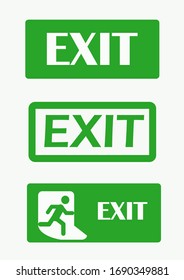 Set of 3 input icons, white and green, isolated on a white background, vector graphics. Emergency exit doors. direction arrow sign. green. illustration of security