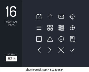 Set 3 of interface icons on the black background. Universal linear icons to use in web and mobile app.