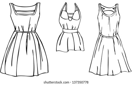 A set of 3 isolated black and white vectors of stylish and fashionable summer dresses with flared skirts and intricate shoulder straps for women 