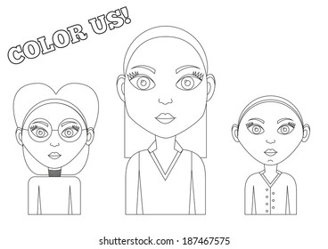 Set of 3 isolated female outlines to be colored