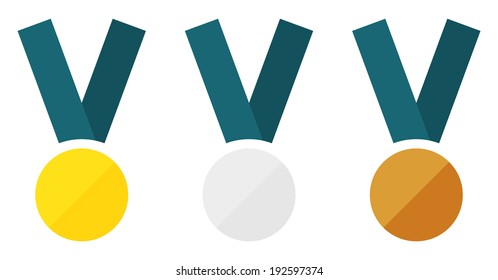 Set of 3 isolated medals (gold, silver, bronze) in flat style
