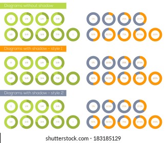 Set of 3 isolated pie charts - without and with 2 different styles of shadow; graph is divided into 8 parts