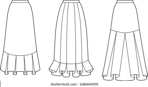 Set of 3 isolated technical drawings of flounce skirts. Flat sketches with vatiations of frills. Template for designs. Easy to color