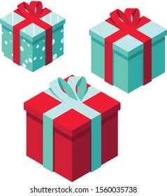 Set of 3 isometric gift boxes isolated on white. Red present with blue ribbon and bow. Dotted pack with red ribbon. Holiday season. For sales promo leaflet, banner or coupon. 3D effect. Vector