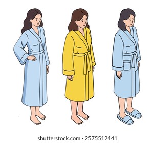 set of 3 isometric woman in a robe isolated vector object