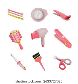 A set of 3 items for hairdressing or beauty salon. invisible hairpiece, hairpin, comb, hair dryer, straightener, cone curler, etc. Vector illustration on isolated white background